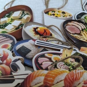 Tree Ornaments Set Of 12, Asian Food Wooden Lightweight Ramen Sushi Never Used